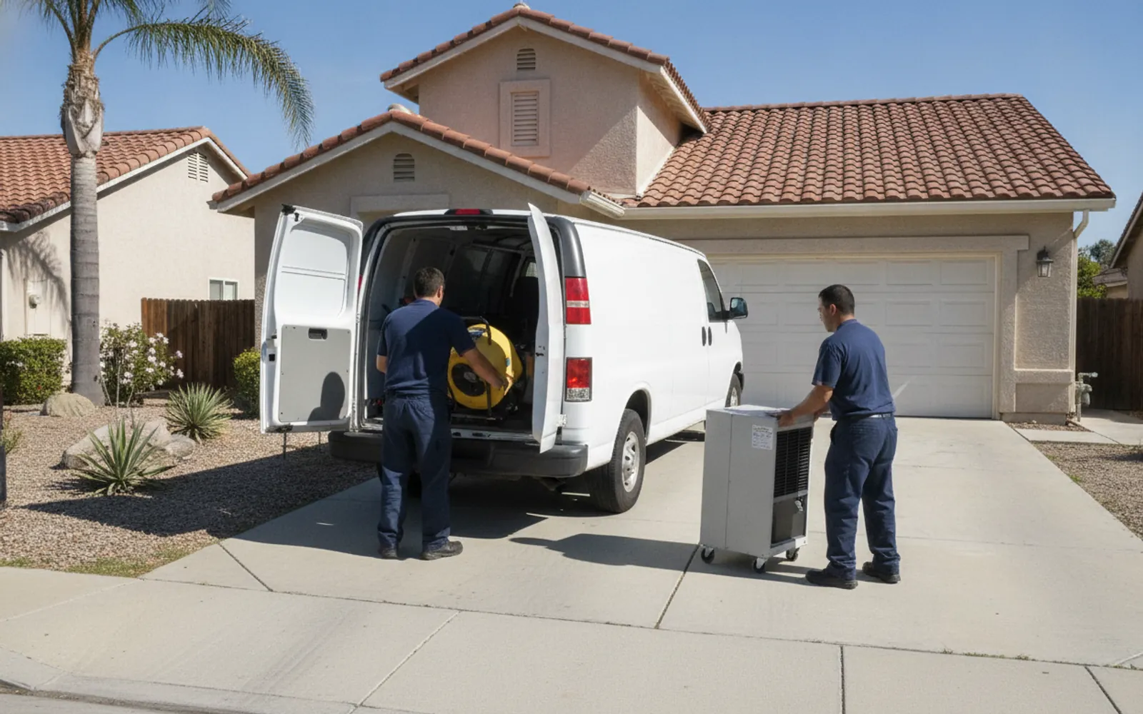 Water damage restoration crew and drying equipment at a Glendale, CA home
